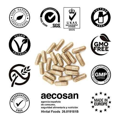 Dietary supplement capsules with certifications including vegan, GMO-free, and made in Europe.