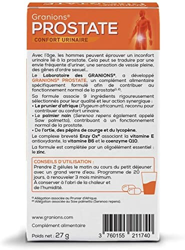 Granions Prostate supplement packaging with natural ingredients for male comfort.