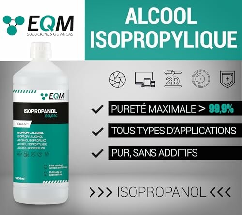 EQM Isopropyl Alcohol 99.9% advertisement with product features.