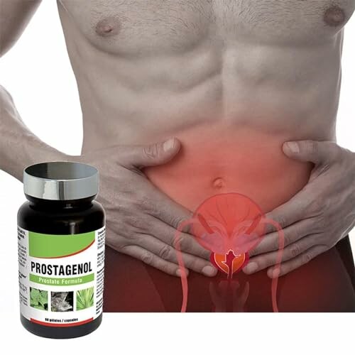 Man holding stomach with prostate health supplement bottle.