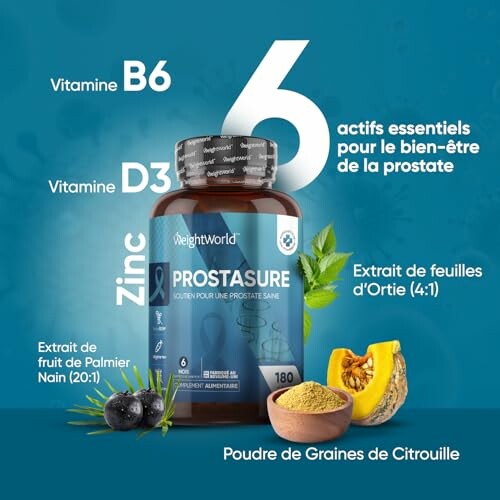 Prostate supplement with vitamins B6, D3, zinc, nettle leaf extract, saw palmetto, pumpkin seed powder.