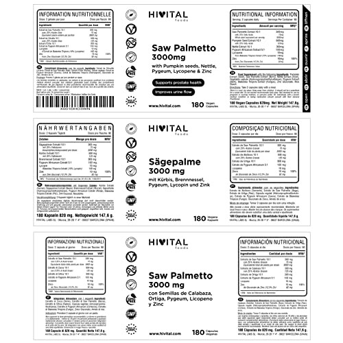 Saw Palmetto supplement label in multiple languages displaying nutritional information and ingredients.