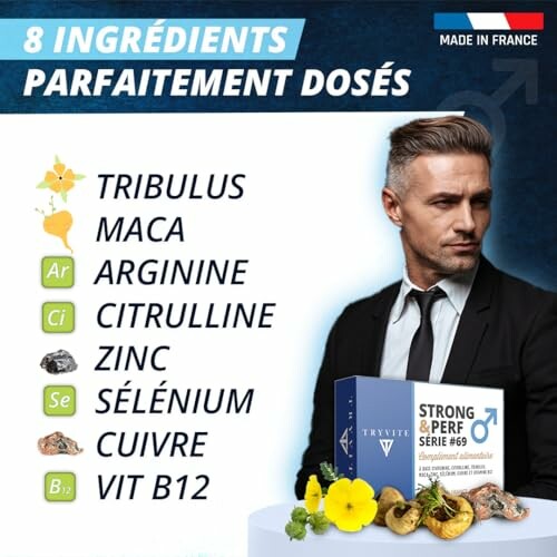 Advertisement featuring a man with a list of 8 supplement ingredients.