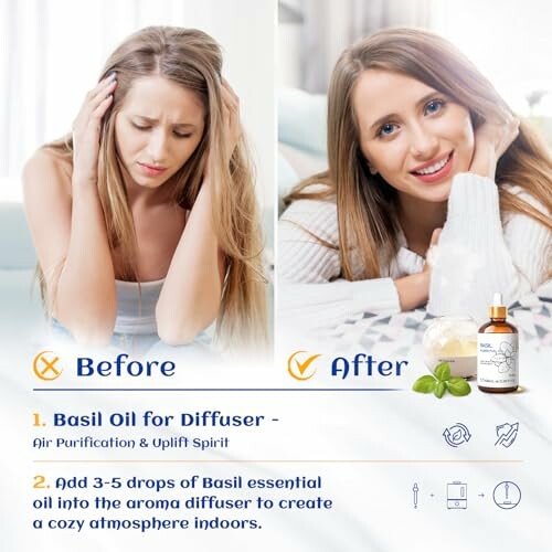 Woman before and after using basil oil diffuser showing relaxation benefits.