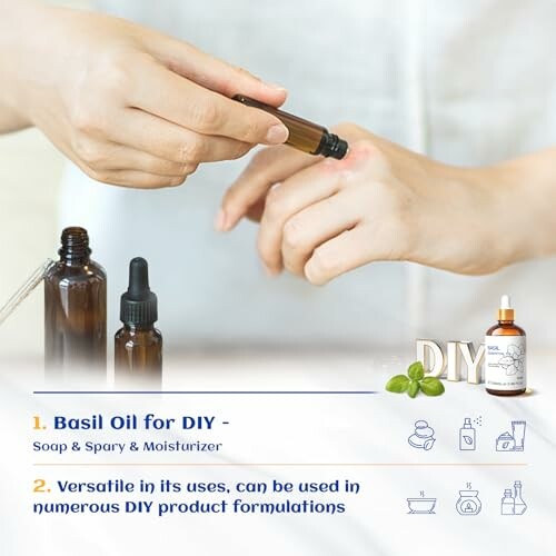 Person applying basil oil from dropper with DIY benefits listed.