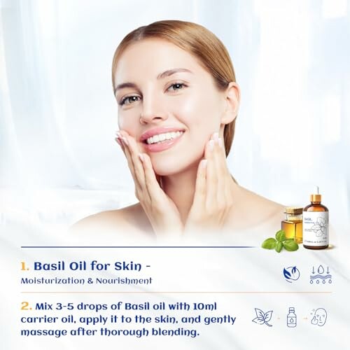 Woman applying basil oil for skin care with instructions.