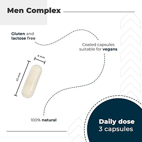 Men Complex supplement details with capsule size and daily dose.