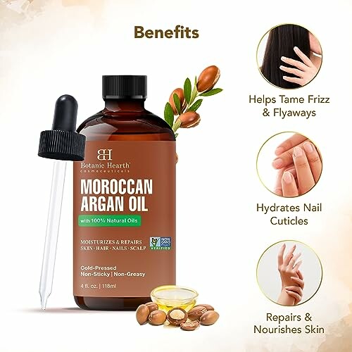 Botanic Hearth Moroccan Argan Oil bottle with benefits listed.