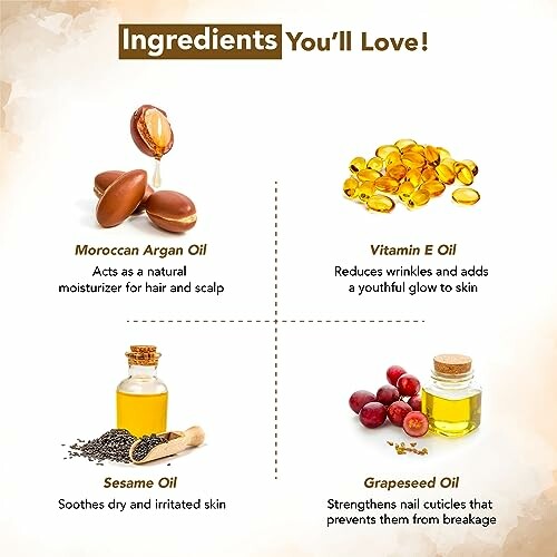 Infographic detailing benefits of Moroccan Argan Oil, Vitamin E Oil, Sesame Oil, and Grapeseed Oil.