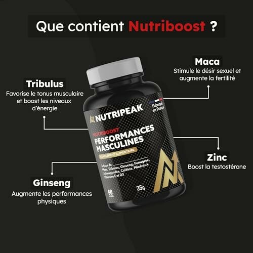 Nutripeak Nutriboost performance supplement with ingredients tribulus, maca, zinc, ginseng.