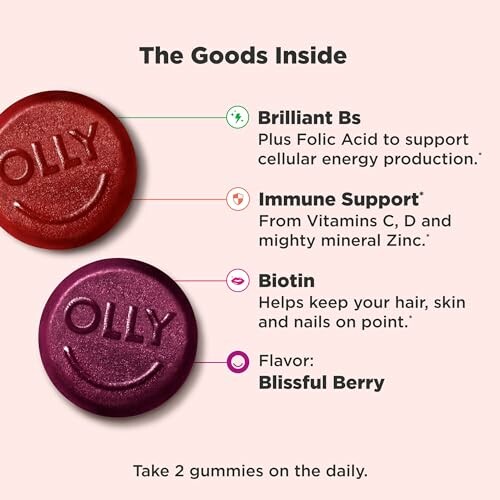 OLly vitamins gummies with benefits: Brilliant Bs, Immune Support, Biotin, Blissful Berry flavor.