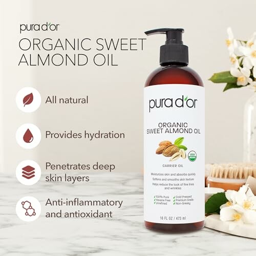 Pura D'or organic sweet almond oil bottle with benefits listed.