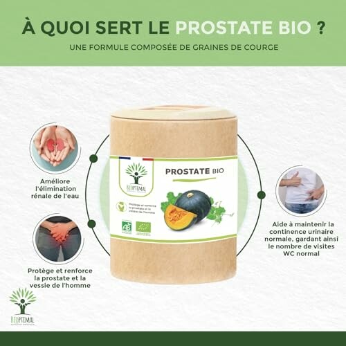 Prostate Bio product with pumpkin seeds benefits illustration.