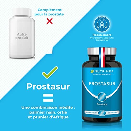 Comparison of Prostatur supplement with other product, highlighting amber bottle and unique combination for prostate health.