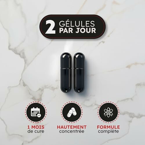 Two black capsules with dosage instructions in French.