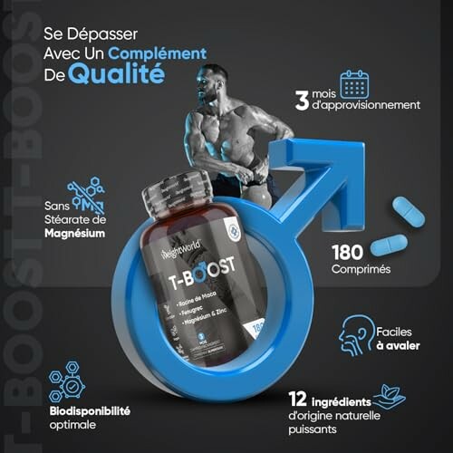 T-Boost supplement advertisement with product benefits and features.