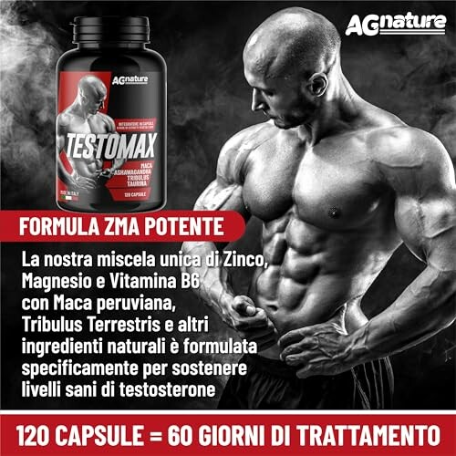 Bodybuilder with Testomax supplement for testosterone support.