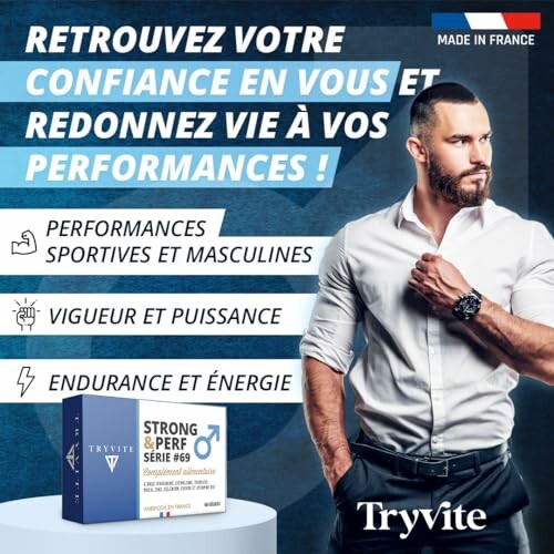 Man with beard promoting Tryvite supplement for confidence and performance.