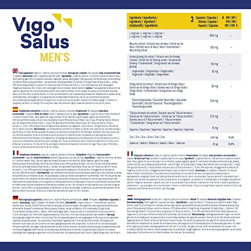 Vigo Salus Men's supplement ingredients and information label.